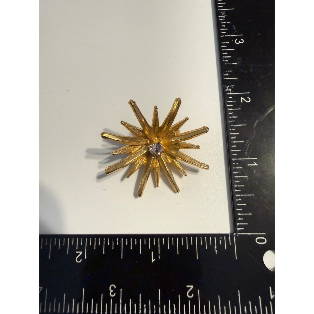 Vintage Gold Tone Starburst Brooch Purple Rhinestone Celestial Sunburst Pin